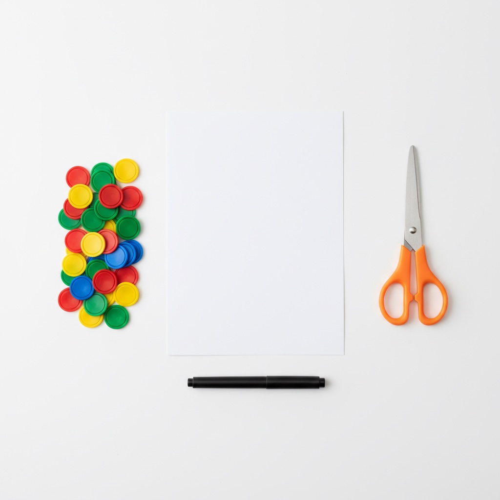 Bingo supplies organized neatly: cardstock, scissors, chips, and markers