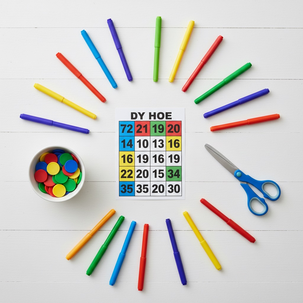 Flat lay of bingo game supplies and printed cards on a white desk